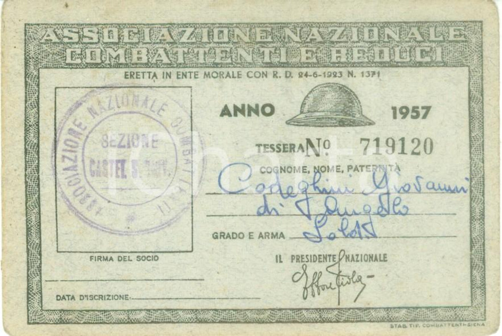 Oggetto da collezione cartaceo 1957 CASTEL SAN GIOVANNI Associazione Combattenti Tessera Giovanni CODEGHINI 1