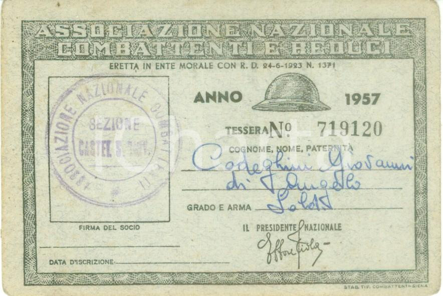Oggetto da collezione cartaceo 1957 CASTEL SAN GIOVANNI Associazione Combattenti Tessera Giovanni CODEGHINI 1