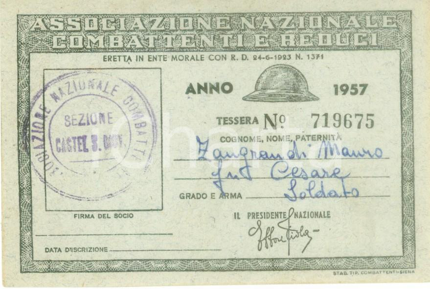 Oggetto da collezione cartaceo 1957 CASTEL SAN GIOVANNI Associazione Combattenti Reduci Tessera Mauro ZANGRANDI 1