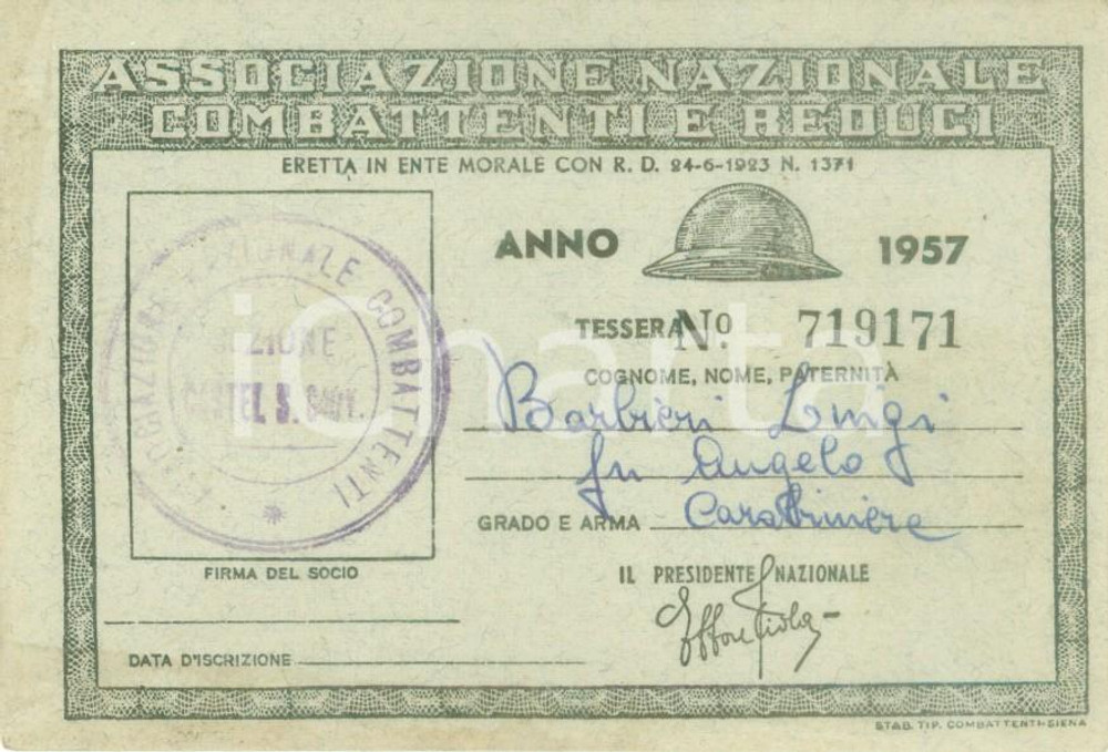 Oggetto da collezione cartaceo 1957 CASTEL SAN GIOVANNI Associazione Combattenti Reduci Tessera Luigi BARBIERI 1