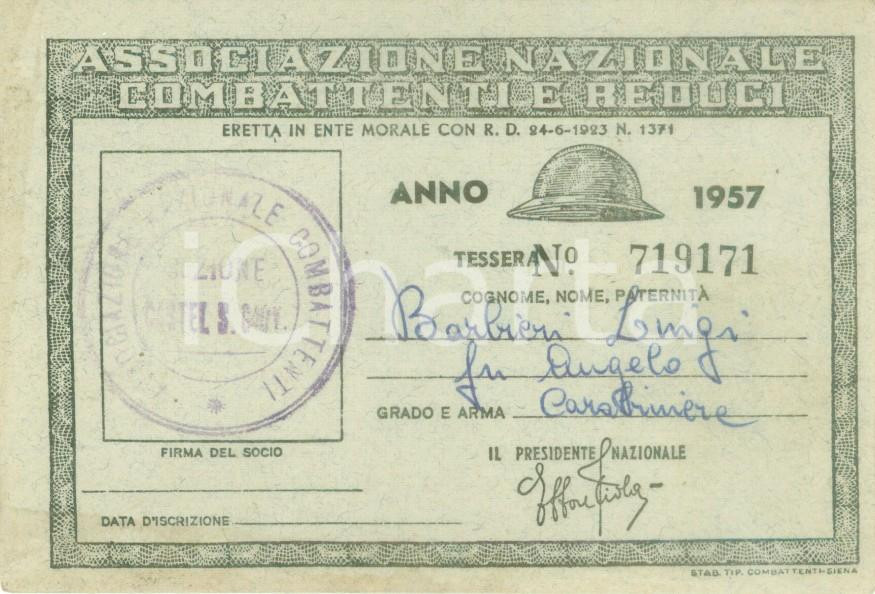 Oggetto da collezione cartaceo 1957 CASTEL SAN GIOVANNI Associazione Combattenti Reduci Tessera Luigi BARBIERI 1