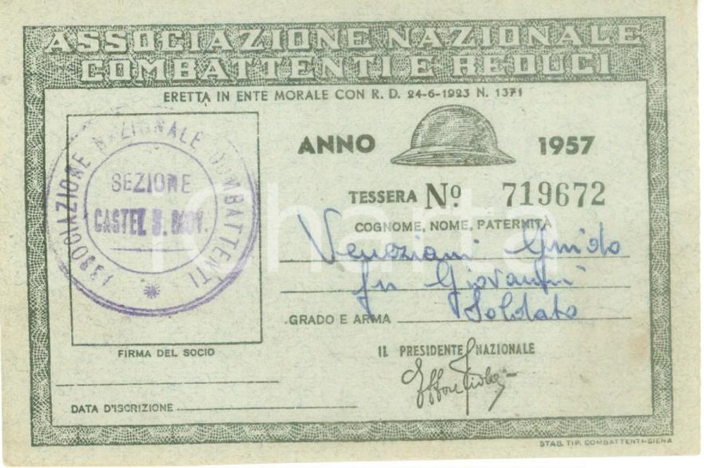 Oggetto da collezione cartaceo 1957 CASTEL SAN GIOVANNI Associazione Combattenti Reduci Tessera Guido VENEZIANI 1