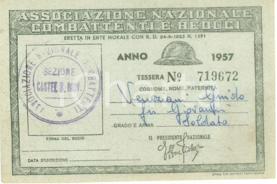 Oggetto da collezione cartaceo 1957 CASTEL SAN GIOVANNI Associazione Combattenti Reduci Tessera Guido VENEZIANI 1