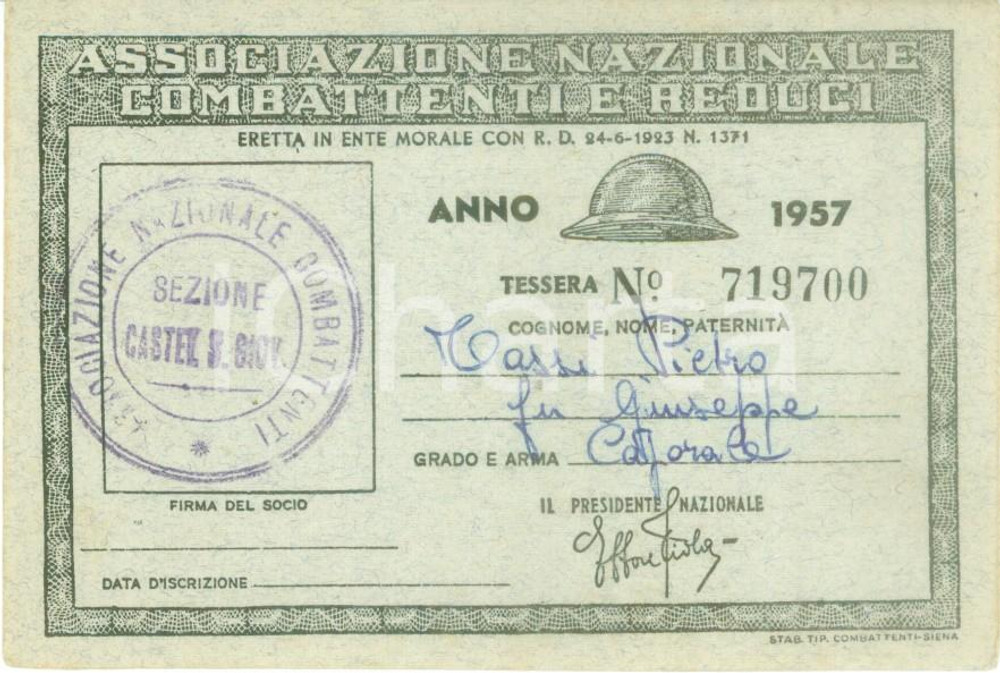Oggetto da collezione cartaceo 1957 CASTEL SAN GIOVANNI Associazione Combattenti Reduci Tessera Pietro TASSI 1