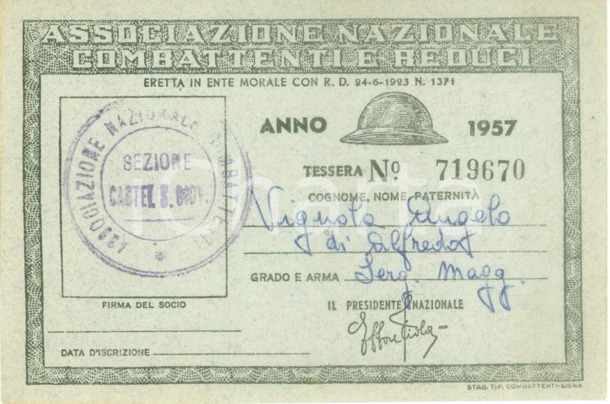 Oggetto da collezione cartaceo 1957 CASTEL SAN GIOVANNI Associazione Combattenti Reduci Tessera Angelo VIGNOLA 1