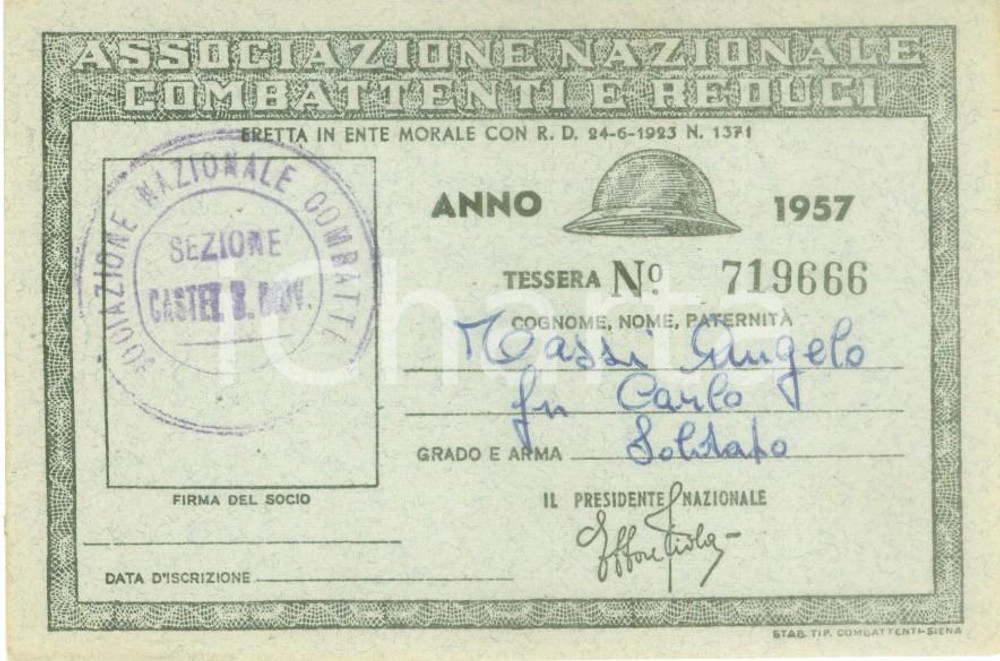 Oggetto da collezione cartaceo 1957 CASTEL SAN GIOVANNI Associazione Combattenti Reduci Tessera Angelo TASSI 1