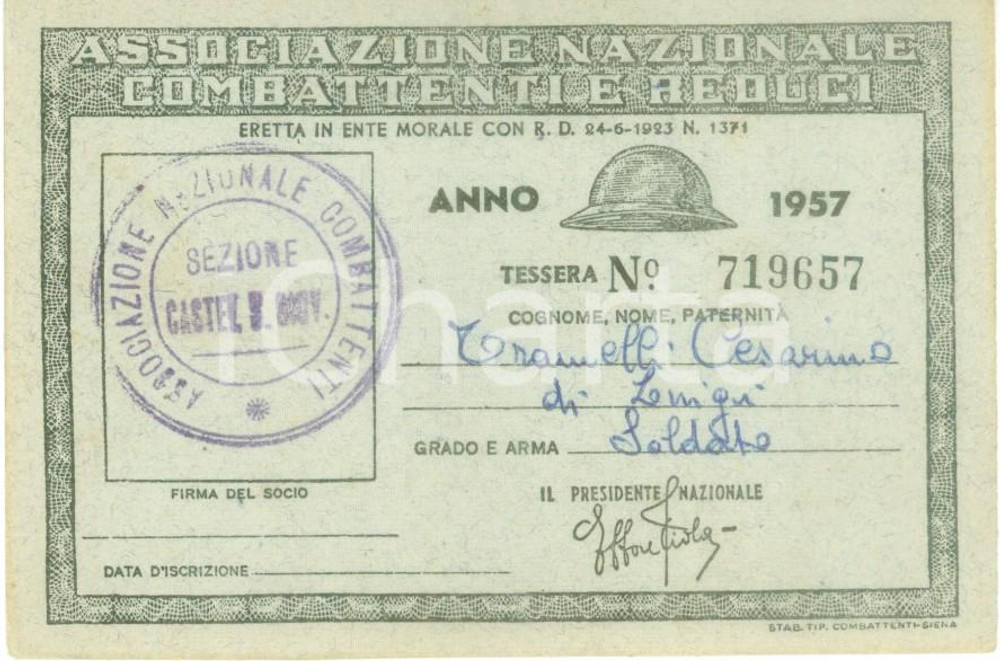 Oggetto da collezione cartaceo 1957 CASTEL SAN GIOVANNI Associazione Combattenti Tessera Cesarino TRAMELLI 1