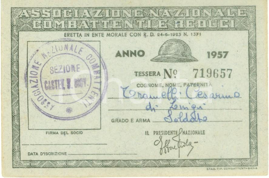 Oggetto da collezione cartaceo 1957 CASTEL SAN GIOVANNI Associazione Combattenti Tessera Cesarino TRAMELLI 1