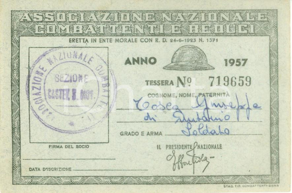 Oggetto da collezione cartaceo 1957 CASTEL SAN GIOVANNI Associazione Combattenti Reduci Tessera Giuseppe TOSCA 1