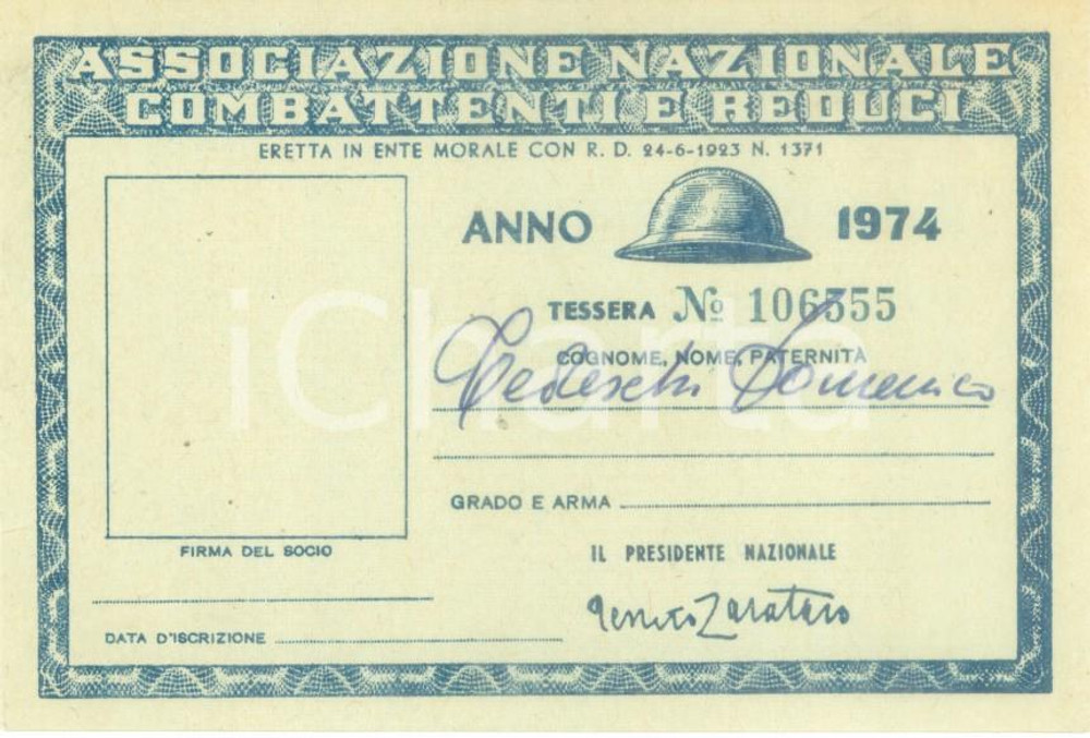 Oggetto da collezione cartaceo 1974 COLLESCIPOLI Associazione Nazionale Combattenti Tessera Domenico TEDESCHI 1