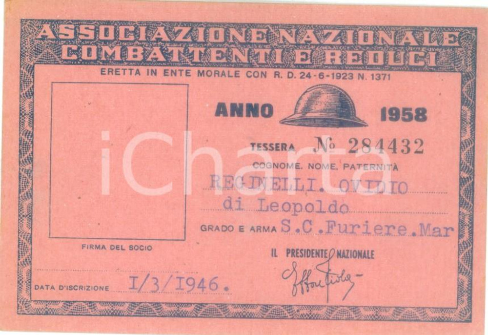 Oggetto da collezione cartaceo 1958 COLLESCIPOLI Associazione Nazionale Combattenti Tessera Ovidio REGINELLI 1