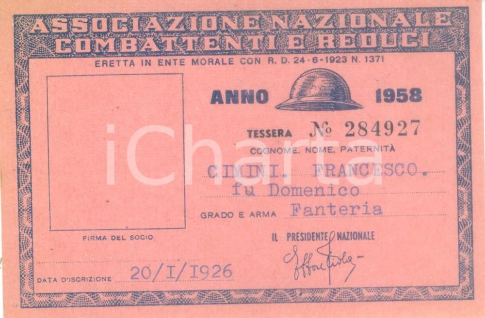Oggetto da collezione cartaceo 1958 COLLESCIPOLI Associazione Nazionale Combattenti Tessera Francesco CIMINI 1