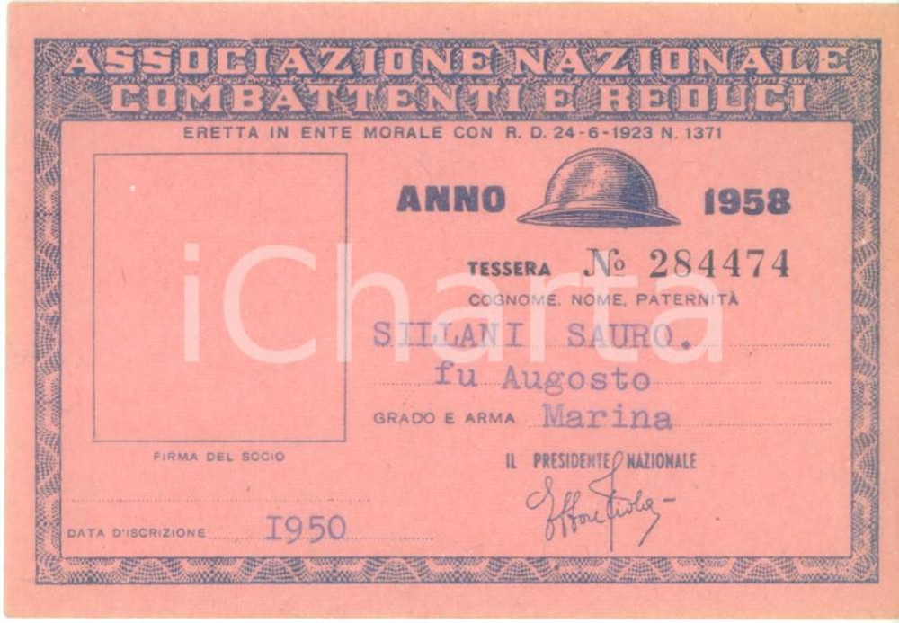 Oggetto da collezione cartaceo 1958 COLLESCIPOLI Associazione Nazionale Combattenti Tessera Sauro SILLANI 1
