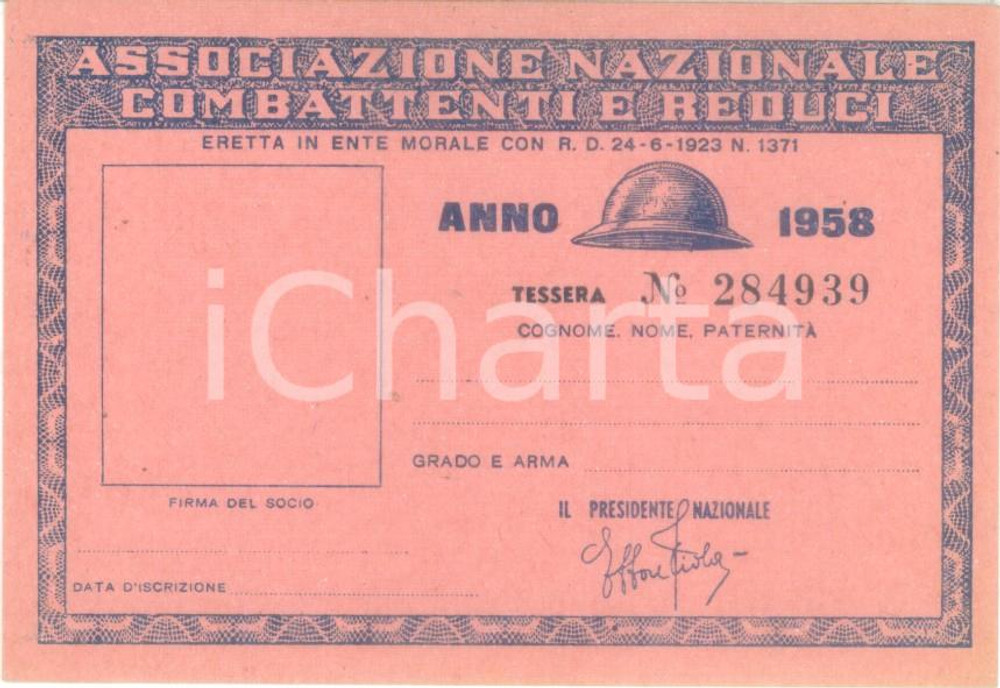 Oggetto da collezione cartaceo 1958 COLLESCIPOLI Associazione Nazionale Combattenti Tessera non compilata 1