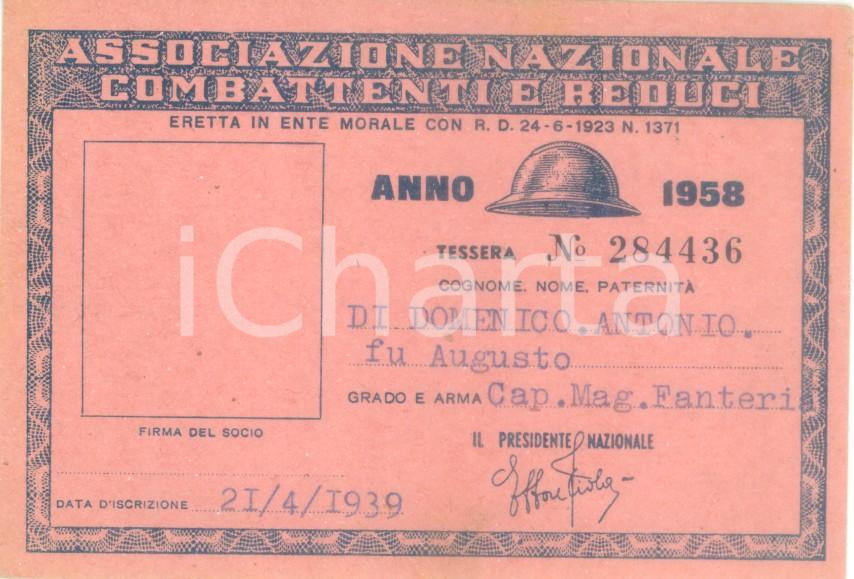 Oggetto da collezione cartaceo 1958 COLLESCIPOLI Associazione Nazionale Combattenti Tessera Antonio DI DOMENICO 1