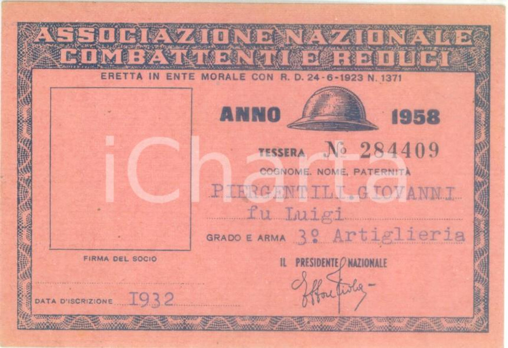 Oggetto da collezione cartaceo 1958 COLLESCIPOLI Associaz. Nazionale Combattenti Tessera Giovanni PIERGENTILI 1