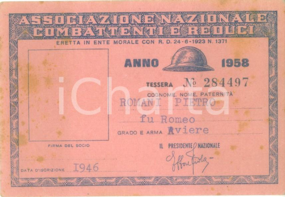 Oggetto da collezione cartaceo 1958 COLLESCIPOLI Associazione Nazionale Combattenti Tessera Pietro ROMANI 1