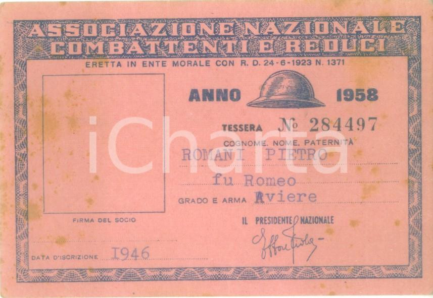 Oggetto da collezione cartaceo 1958 COLLESCIPOLI Associazione Nazionale Combattenti Tessera Pietro ROMANI 1