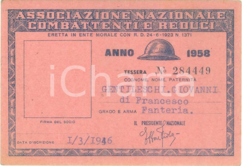 Oggetto da collezione cartaceo 1958 COLLESCIPOLI Associaz. Nazionale Combattenti Tessera Giovanni GENTILESCHI 1