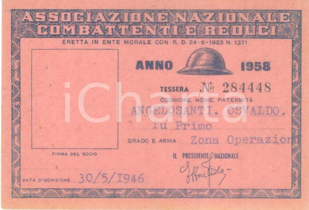 1958 COLLESCIPOLI Associazione Nazionale Combattenti Tessera Osvaldo ANGELOSANTI