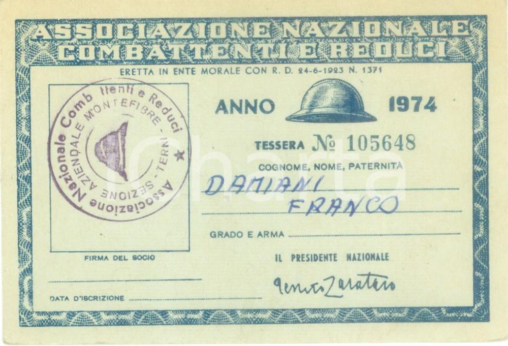 Oggetto da collezione cartaceo 1974 TERNI Associazione Nazionale Combattenti Tessera Franco DAMIANI 1