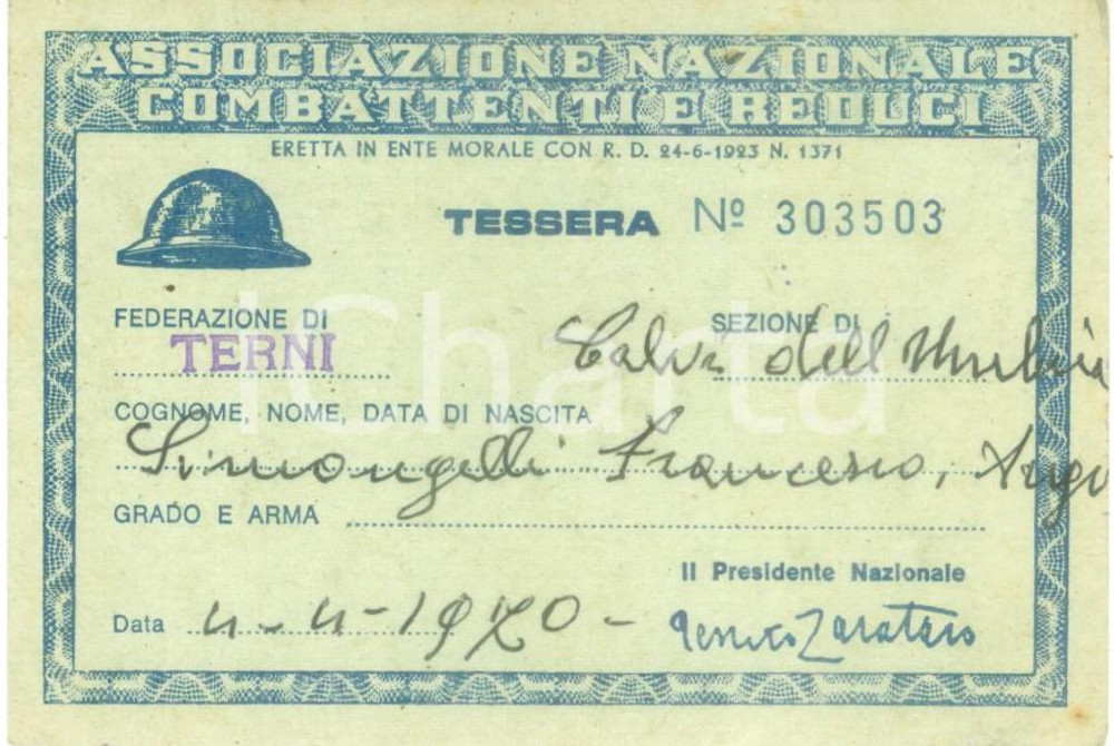 Oggetto da collezione cartaceo 1970 CALVI DELL UMBRIA Associazione Nazionale Combattenti Francesco SIMONCELLI 1
