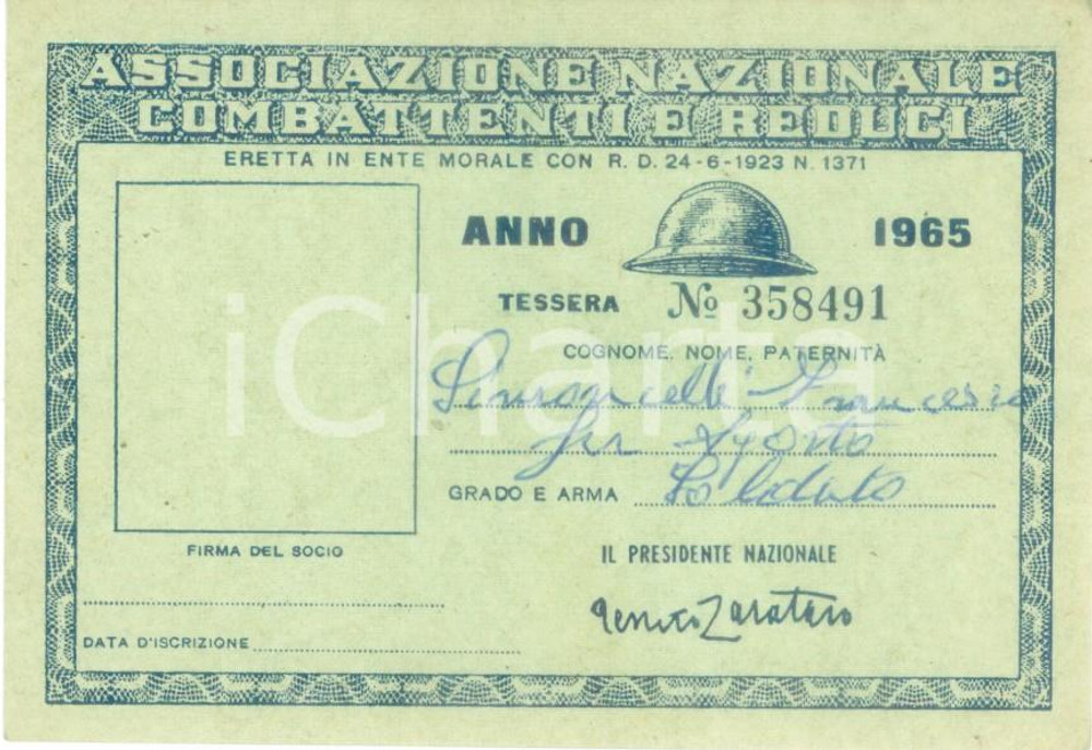 Oggetto da collezione cartaceo 1965 CALVI DELL UMBRIA Associazione Combattenti Tessera Francesco SIMONCELLI 1