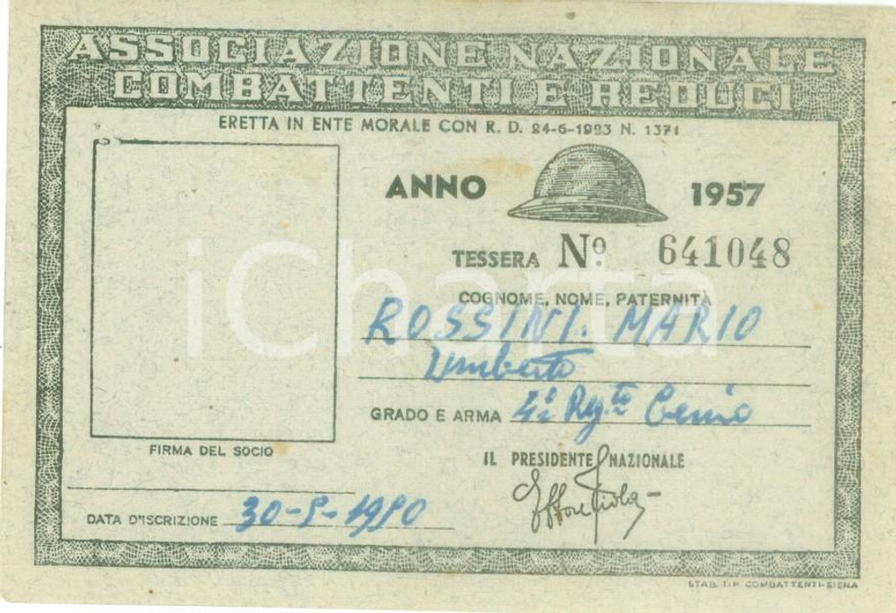 Oggetto da collezione cartaceo 1957 COLLESCIPOLI Associazione Nazionale Combattenti Mario ROSSINI 1