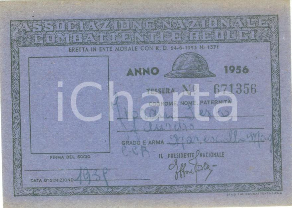 Oggetto da collezione cartaceo 1956 COLLESCIPOLI Associazione Nazionale Combattenti Tessera Sesto FIORANI 1