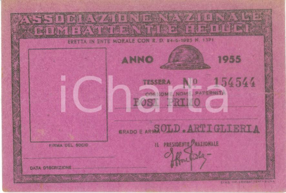 Oggetto da collezione cartaceo 1955 COLLESCIPOLI Associazione Nazionale Combattenti Tessera Primo BOSI 1