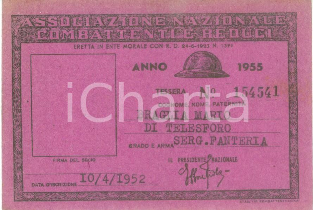 Oggetto da collezione cartaceo 1955 COLLESCIPOLI Associazione Nazionale Combattenti Tessera Mario BRAGLIA 1