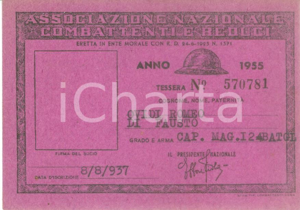 Oggetto da collezione cartaceo 1955 COLLESCIPOLI Associazione Nazionale Combattenti Tessera Romeo OVIDI 1