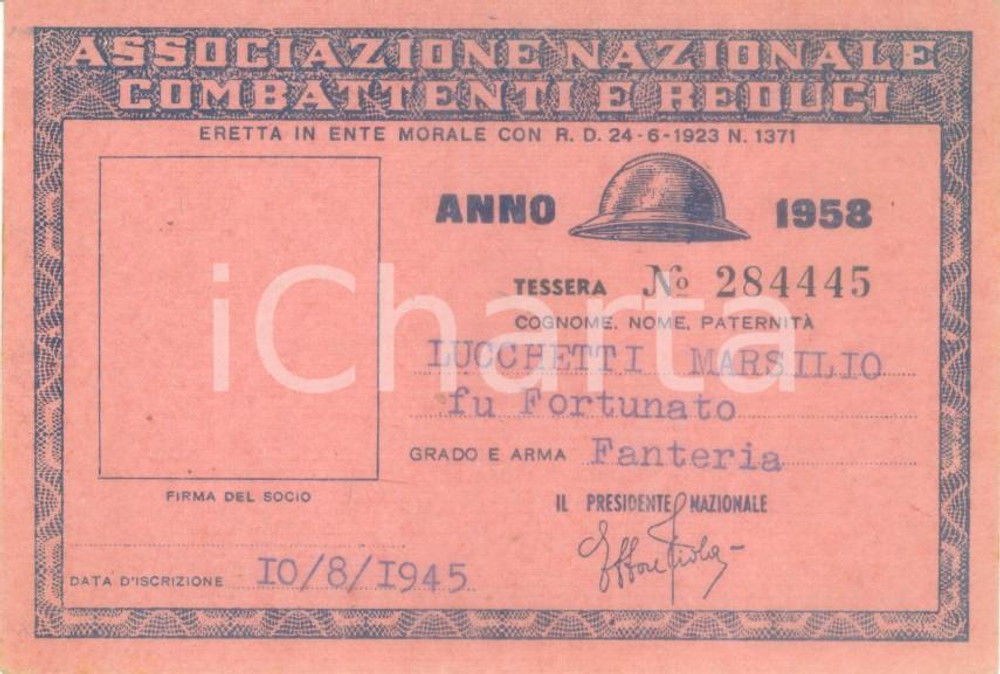 Oggetto da collezione cartaceo 1958 COLLESCIPOLI Associazione Nazionale Combattenti Tessera Marsilio LUCCHETTI 1