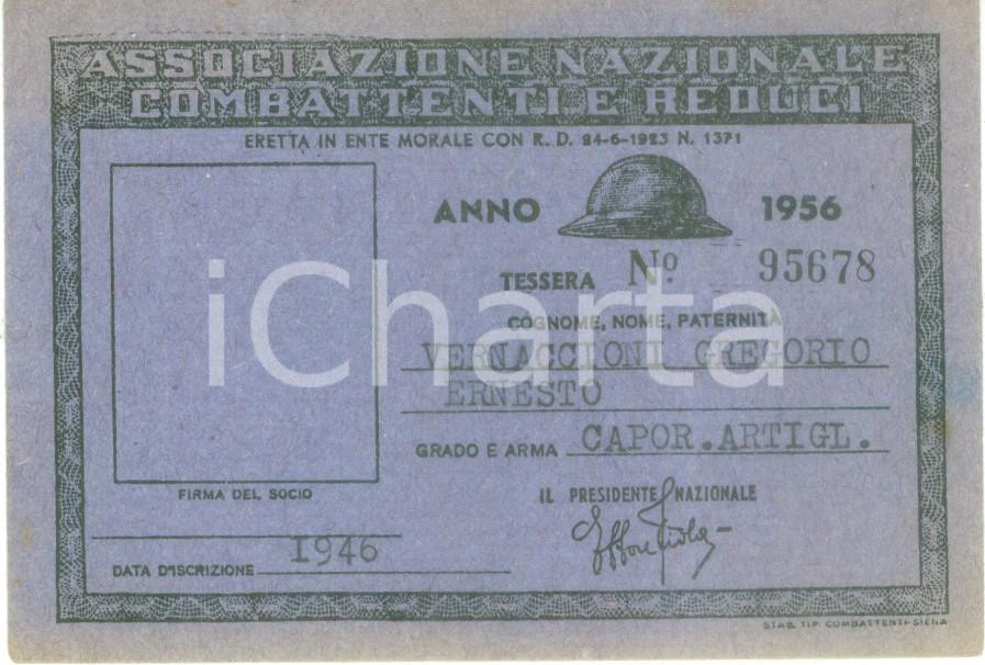 Oggetto da collezione cartaceo 1956 COLLESCIPOLI Associazione Nazionale Combattenti Gregorio VERNACCIONI 1
