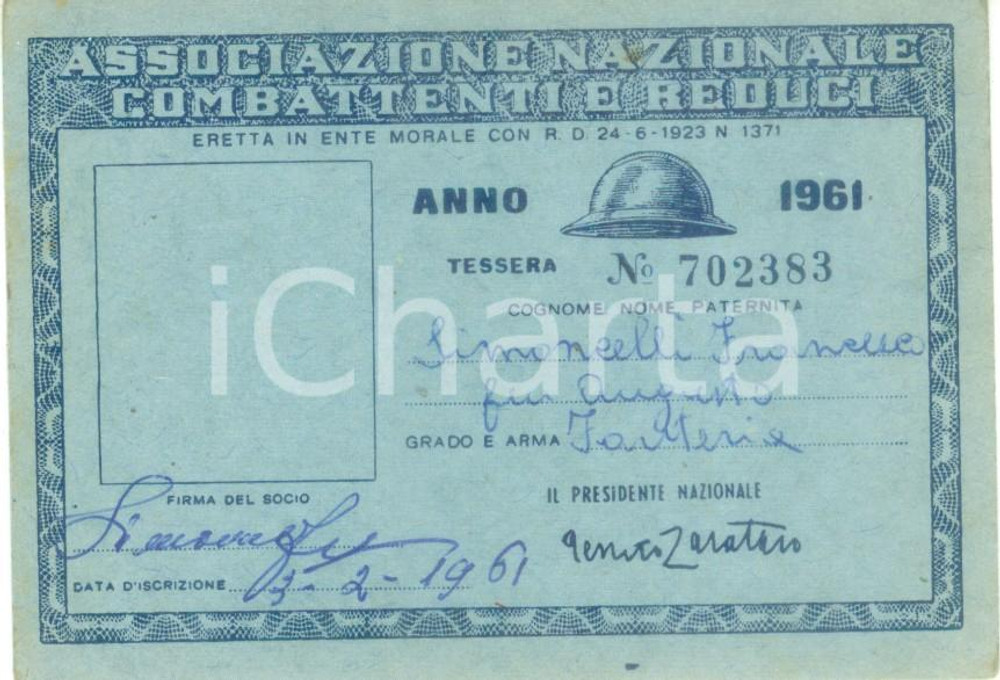 Oggetto da collezione cartaceo 1961 COLLESCIPOLI Associaz. Nazionale Combattenti Tessera Francesco SIMONCELLI 1