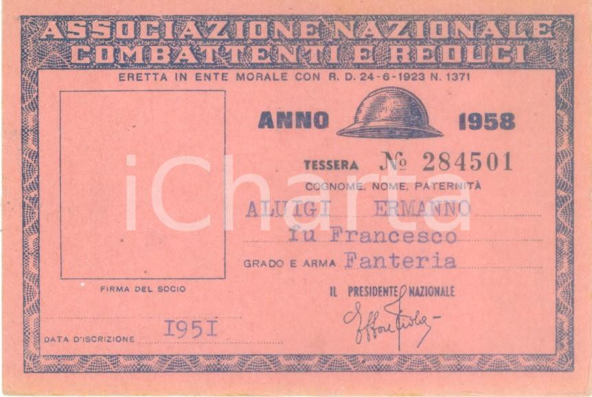 Oggetto da collezione cartaceo 1958 COLLESCIPOLI Associazione Nazionale Combattenti Tessera Ermanno ALUIGI 1