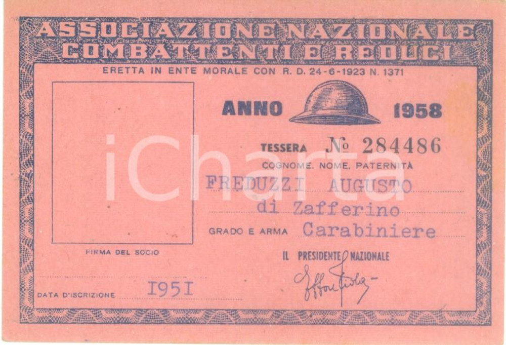1958 COLLESCIPOLI Associazione Nazionale Combattenti Tessera Augusto FREDUZZI