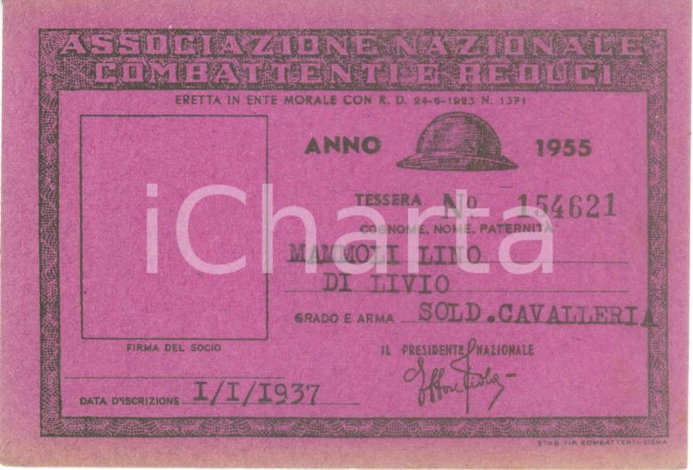 Oggetto da collezione cartaceo 1955 COLLESCIPOLI Associazione Nazionale Combattenti Tessera Lino MAMMOLI 1