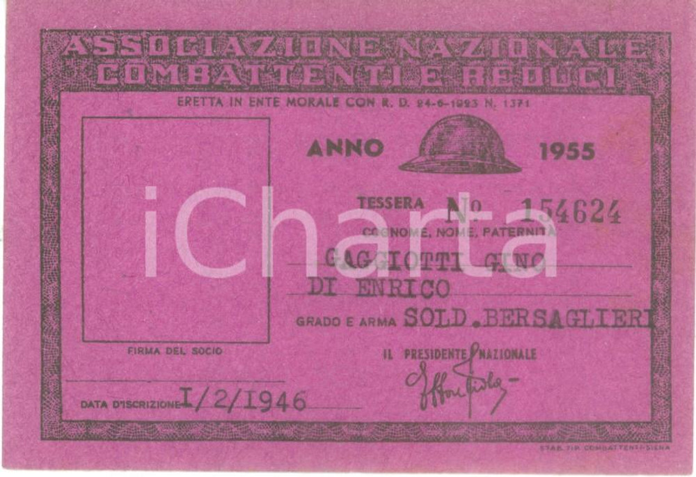 Oggetto da collezione cartaceo 1955 COLLESCIPOLI Associazione Nazionale Combattenti Tessera Gino GAGGIOTTI 1