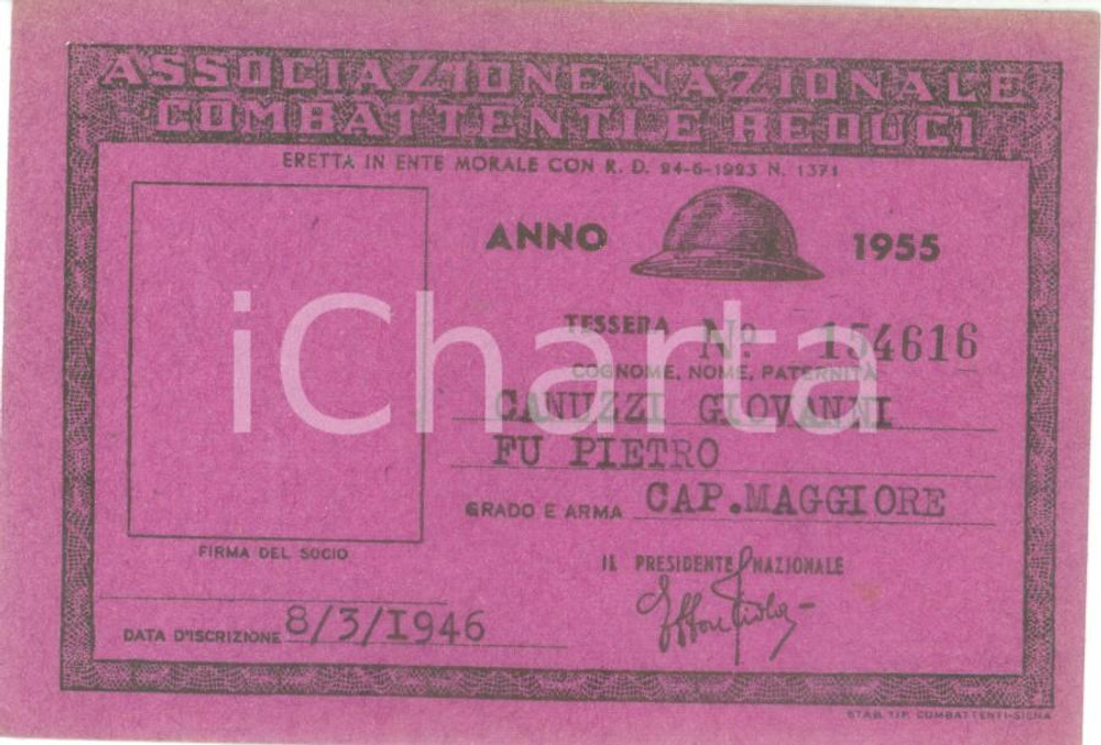 Oggetto da collezione cartaceo 1955 COLLESCIPOLI Associazione Nazionale Combattenti Tessera Giovanni CANUZZI 1