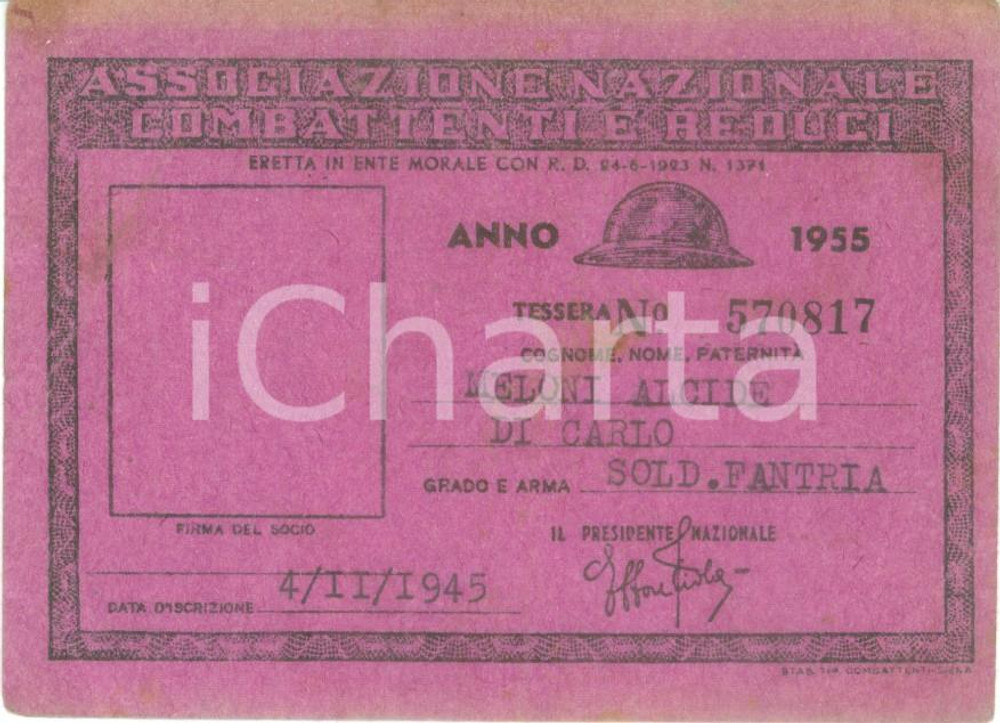 Oggetto da collezione cartaceo 1955 COLLESCIPOLI Associazione Nazionale Combattenti Tessera Alcide MELONI 1