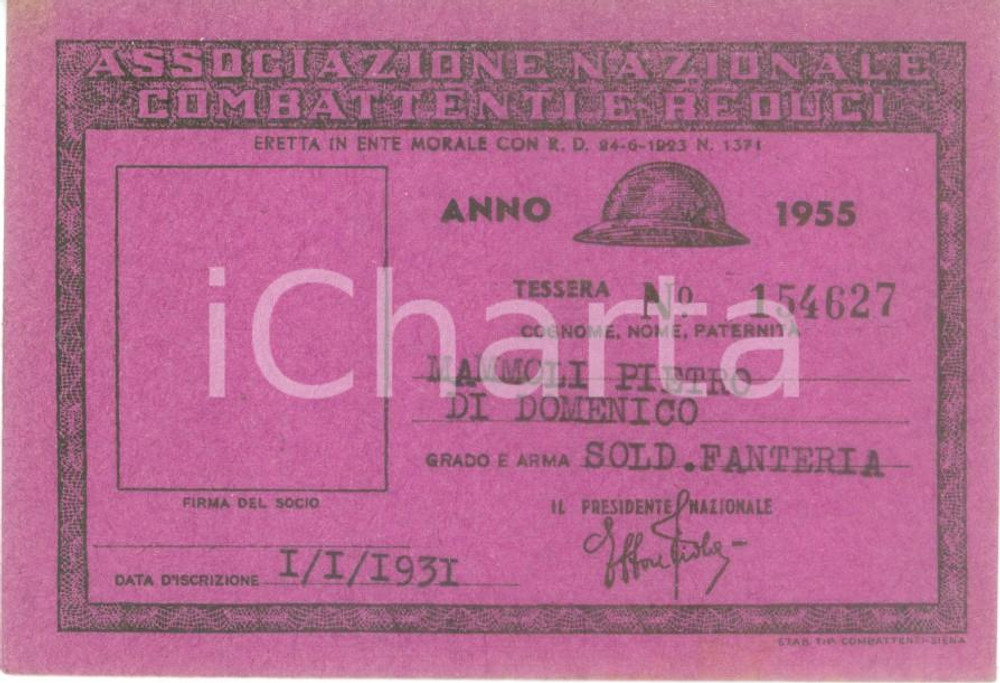 Oggetto da collezione cartaceo 1955 COLLESCIPOLI Associazione Nazionale Combattenti Tessera Pietro MAMMOLI 1