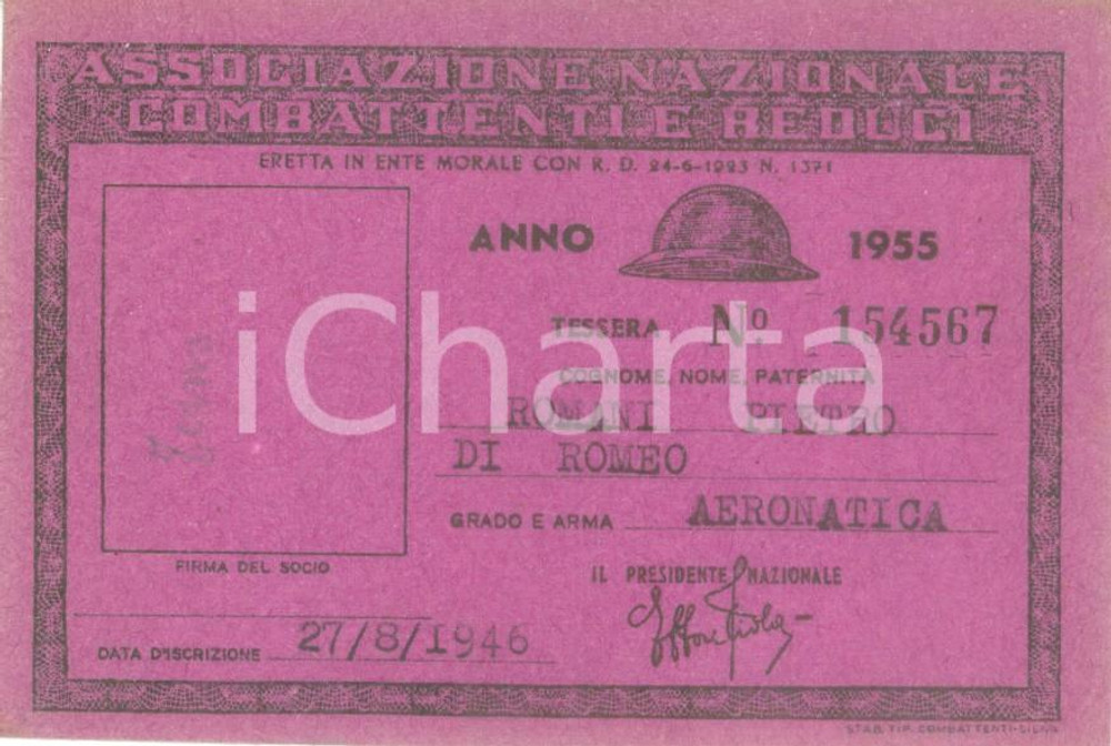 Oggetto da collezione cartaceo 1955 COLLESCIPOLI Associazione Nazionale Combattenti Tessera Pietro ROMANI 1