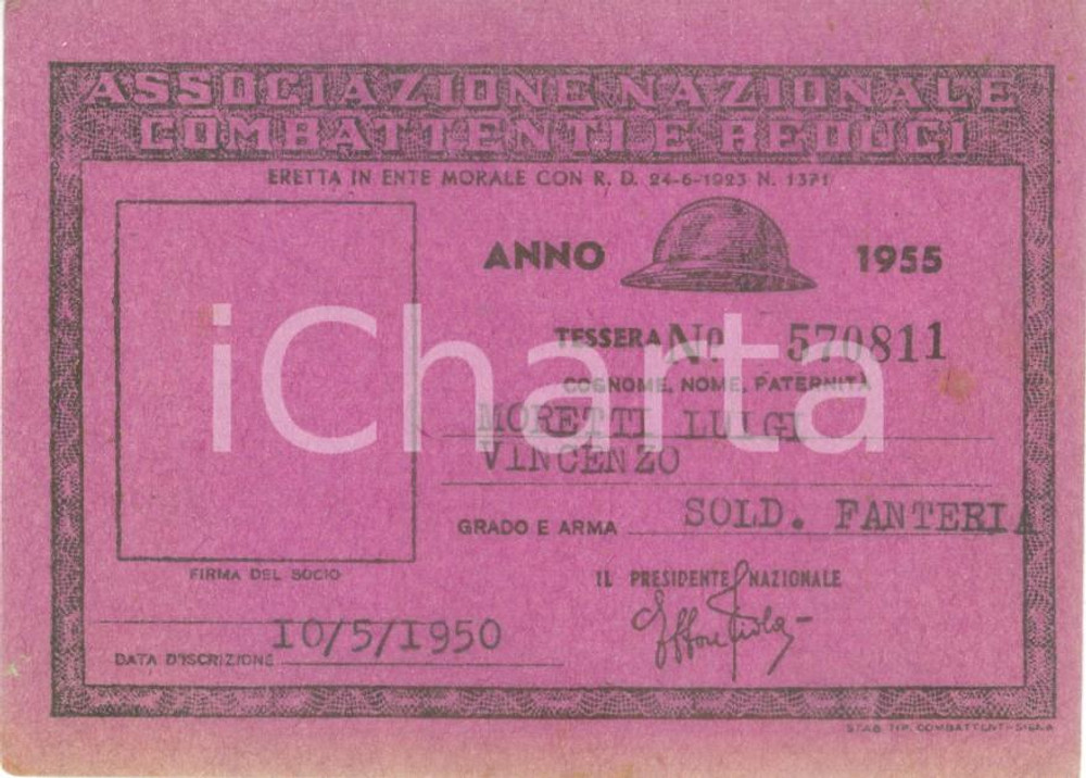 Oggetto da collezione cartaceo 1955 COLLESCIPOLI Associazione Nazionale Combattenti Tessera Luigi MORETTI 1