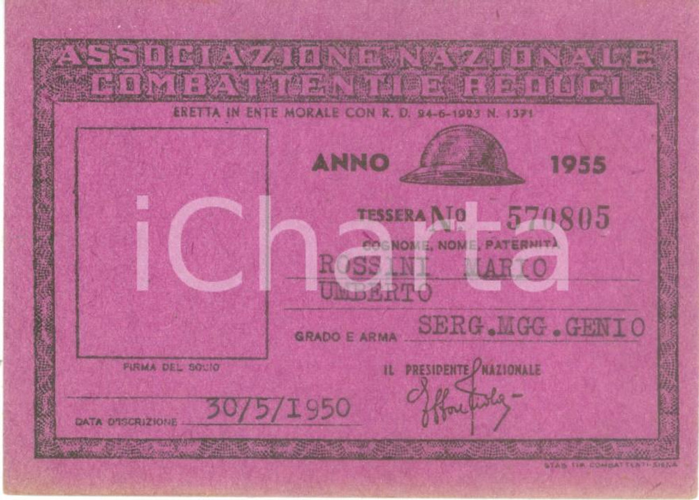 Oggetto da collezione cartaceo 1955 COLLESCIPOLI Associazione Nazionale Combattenti Tessera Mario ROSSINI 1