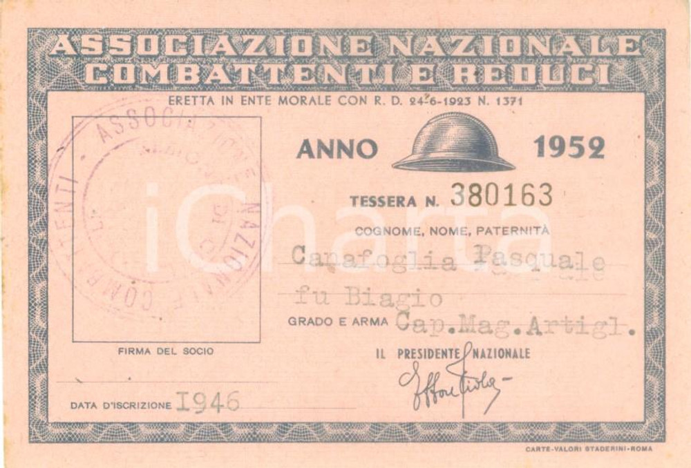 Oggetto da collezione cartaceo 1952 COLLESCIPOLI Associazione Nazionale Combattenti Tessera Pasquale CANAFOGLIA 1