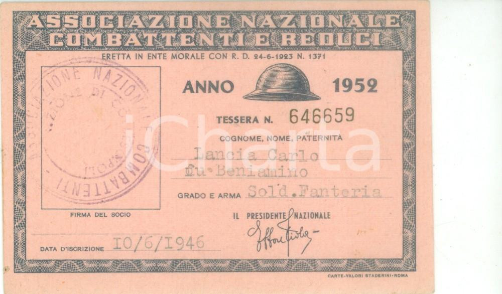 Oggetto da collezione cartaceo 1952 COLLESCIPOLI Associazione Nazionale Combattenti Tessera Carlo LANCIA 1