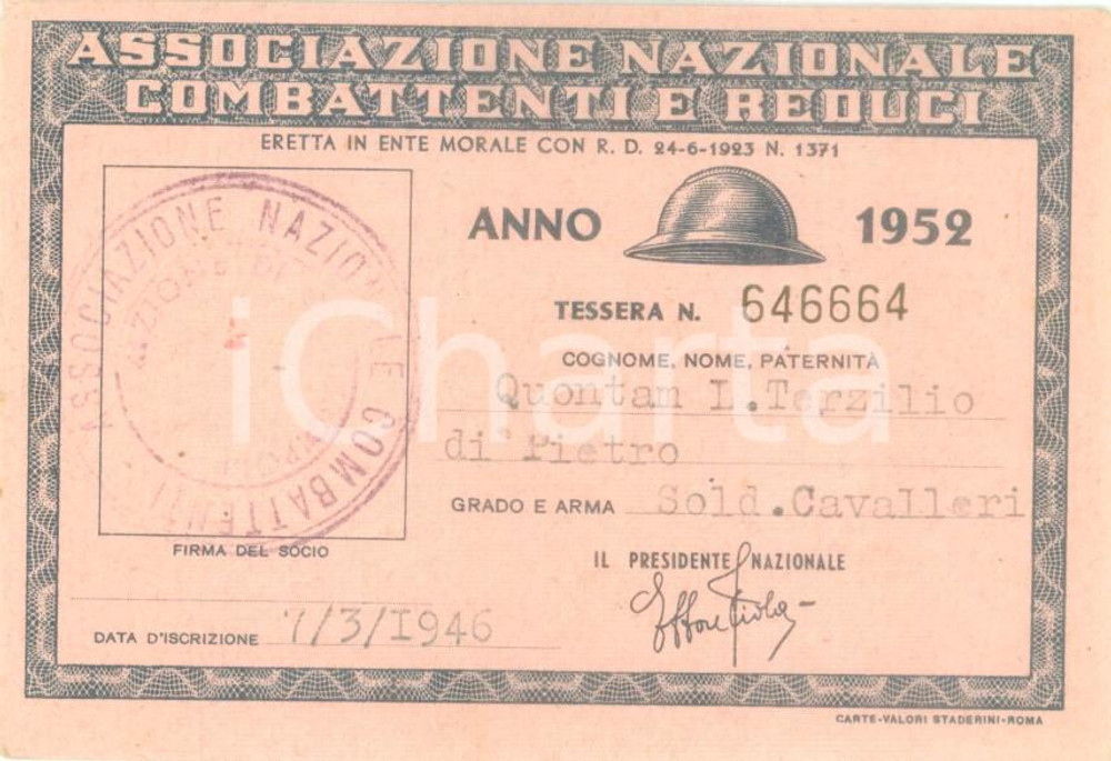 Oggetto da collezione cartaceo 1952 COLLESCIPOLI Associazione Nazionale Combattenti Tessera Terzilio QUONTAM 1