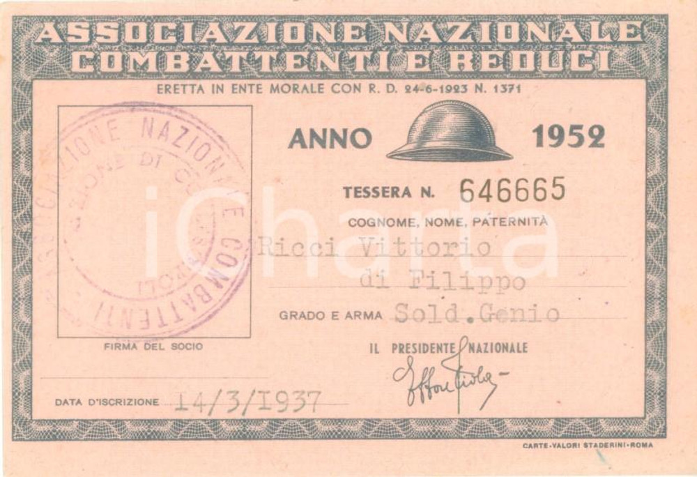 Oggetto da collezione cartaceo 1952 COLLESCIPOLI Associazione Nazionale Combattenti Tessera Vittorio RICCI 1