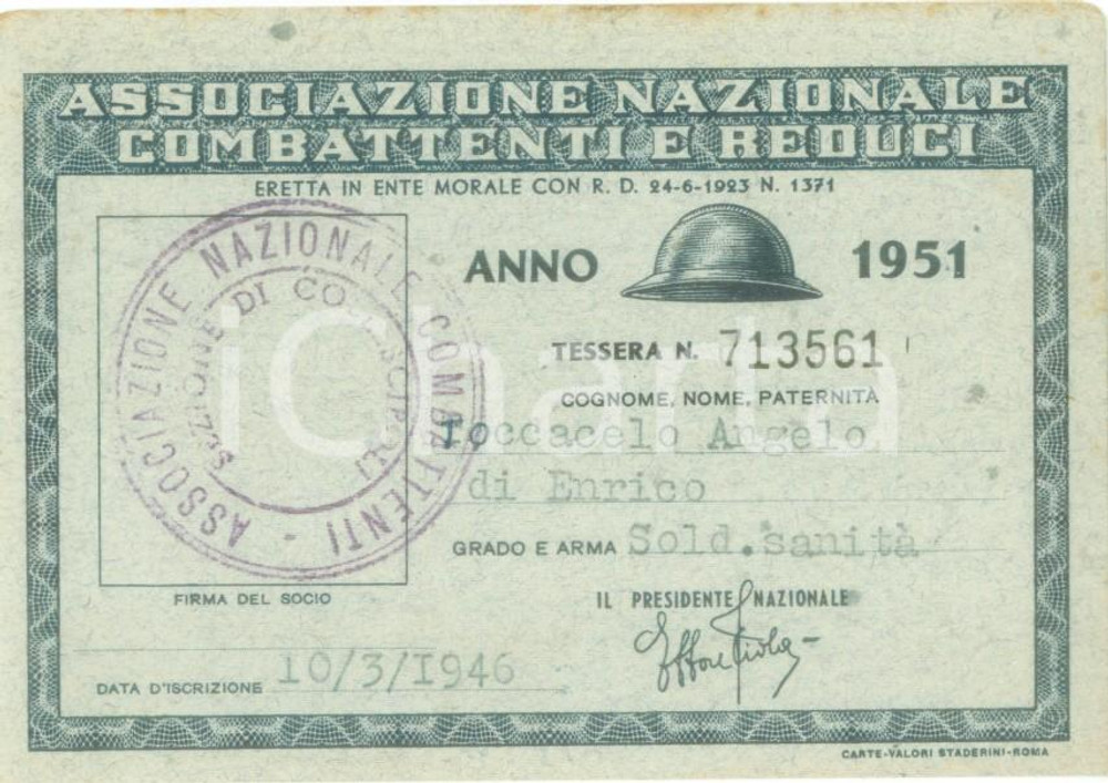 Oggetto da collezione cartaceo 1951 COLLESCIPOLI Associazione nazionale Combattenti Tessera Angelo TOCCACELO 1